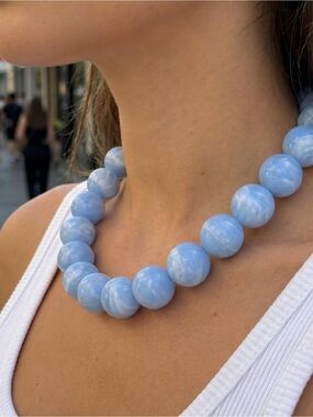Light Blue Marbled Beaded Statement Necklace